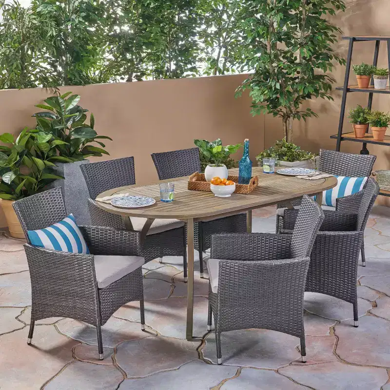 Wyatt 7pc Acacia Wood & Polyethylene Wicker Patio Dining Set - Gray/Beige - Christopher Knight Home: Outdoor Furniture Set with Cushions