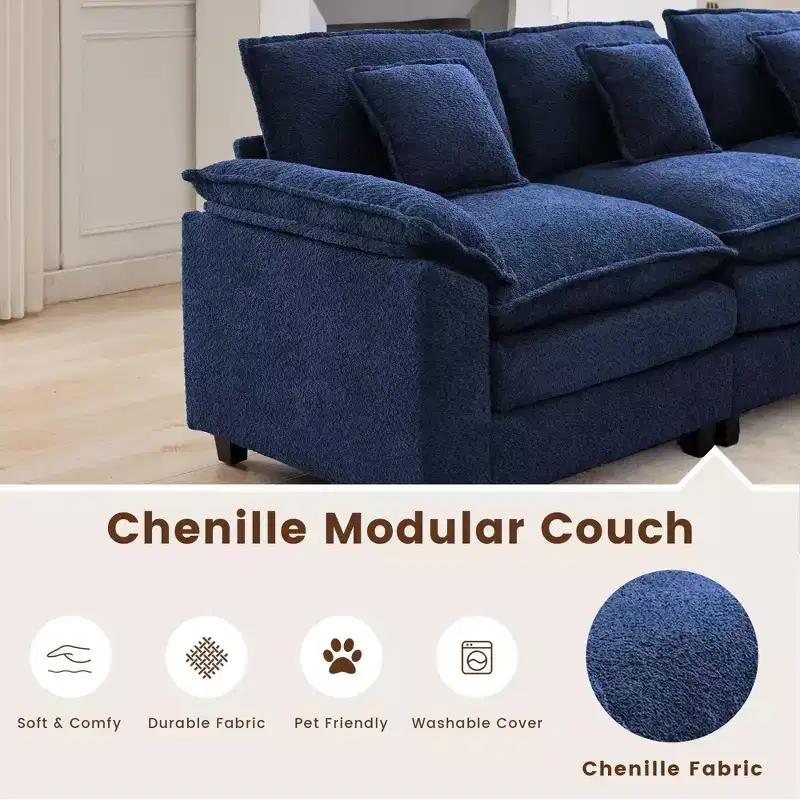 105.9 in. Chenille Fabric 5 seat Sectional Sofa with 2 Ottomans in Dark Blue