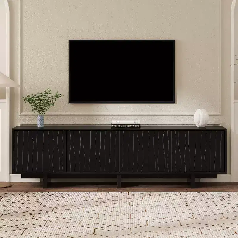 MDF TV Stand with Wood Grain Finish & Push-Open Doors 69.6''W x 20.8''H