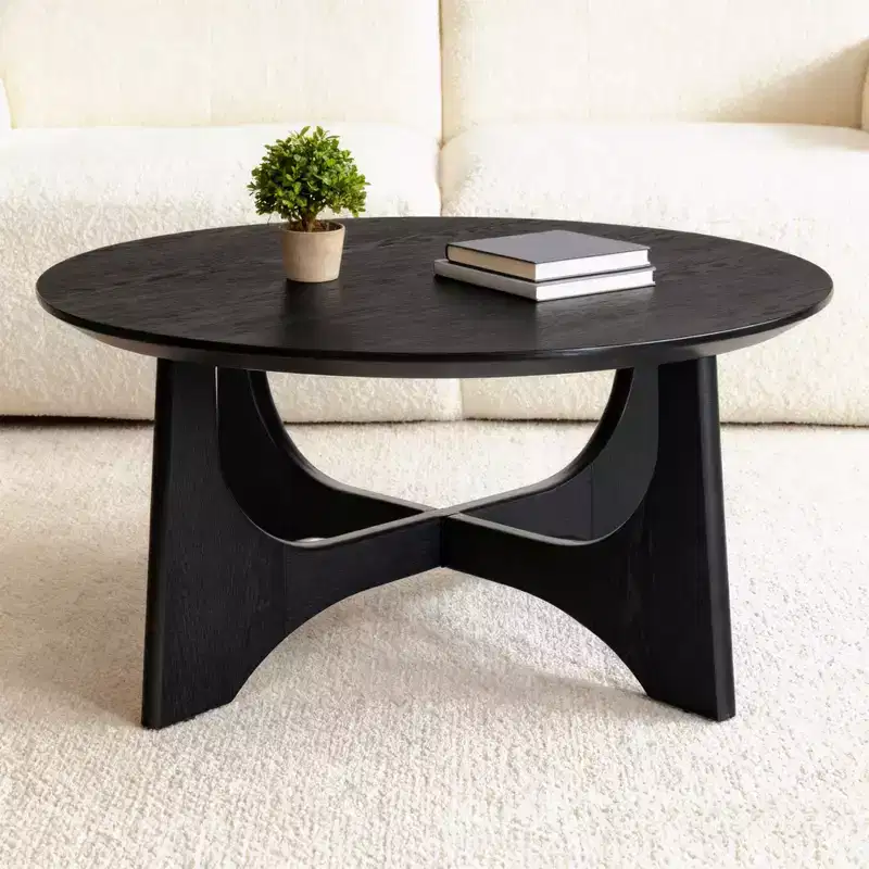 Round Coffee Table with Sculptural Pedestal Base – Black, 36