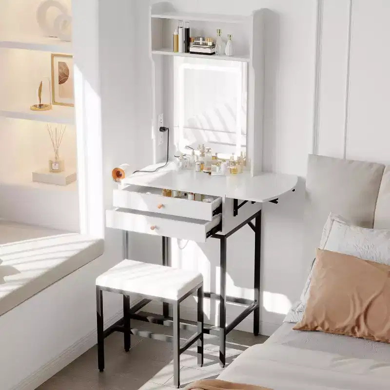 Mini Makeup Vanity Desk Set, Vanity Desk Set with Mirror, Adjustable Lighted, Hair Dryer Holder for Bedroom, Apartments