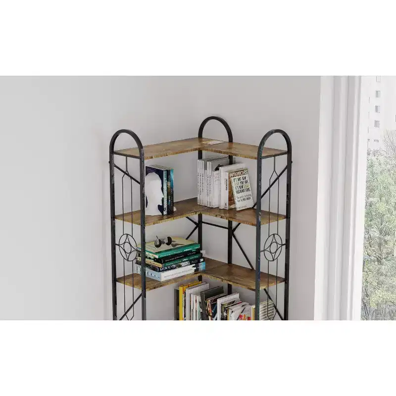 7-Tier Industrial Coner Shelf, Freestanding L Shaped Bookcase, Display Case for Living Room, Bedroom, Office, Brown