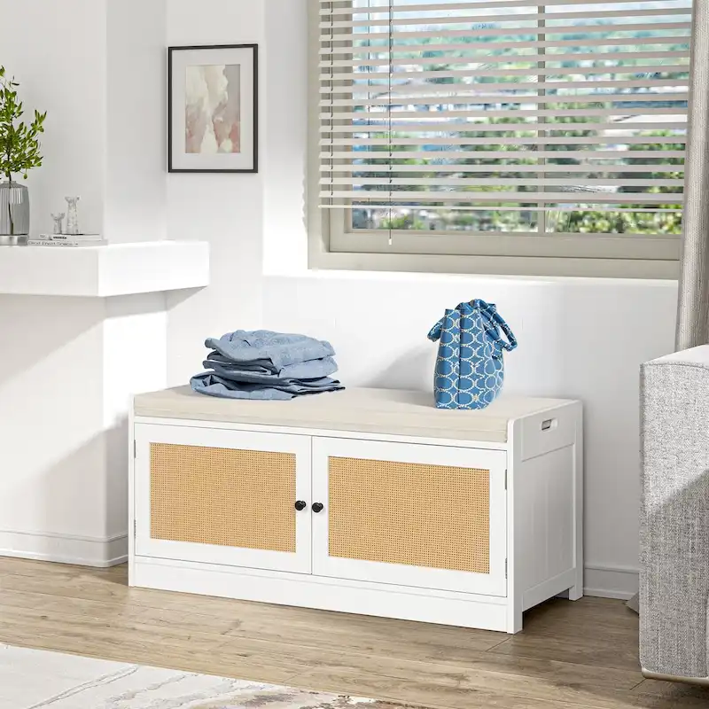 White Entryway Shoe Bench (with Cushion and Adjustable Shelf) — 39.8