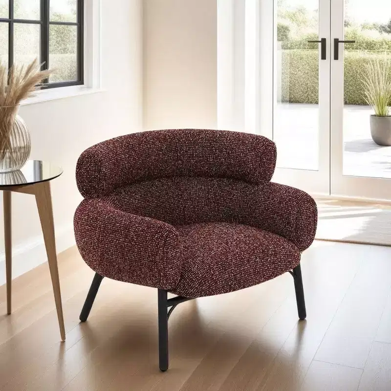 Curved Back Accent Sofa Chair, Maroon Red Tweed Fabric with Black Metal Legs