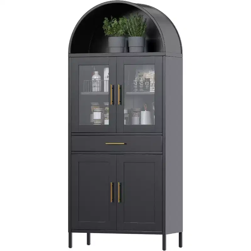 COZONY Tall Metal Arched Cabinet, Glass Door Pantry Bookcase with Drawer Adjustable Shelves for Living Room Kitchen