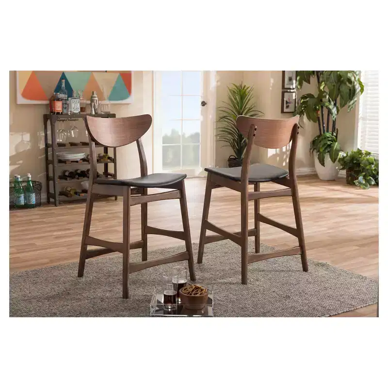 24" Latina Mid - Century Modern Faux Leather Upholstered Wood Finishing Counter Height Barstool Black - Baxton Studio