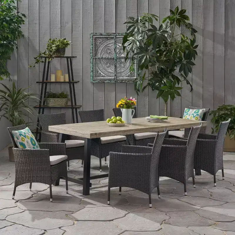 Christopher Knight Home Flamingo Outdoor Acacia Wood and Wicker 9 Piece Dining Set with Cushion
