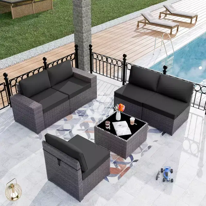 ALAULM 6 Pieces Patio Furniture Set, Rattan Wicker Outdoor Conversation Sets, Outdoor Furniture Sofa Set