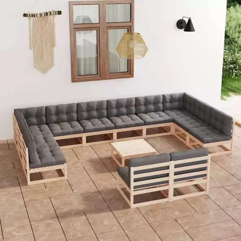 vidaXL Garden Lounge Set Natural wood, Grey cushions Solid pine wood Large