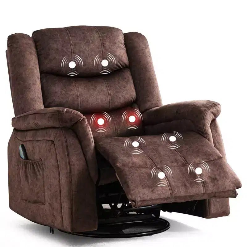 COMHOMA Side Lever Recliner Chair with Heat and Massage 360 Degree Swivel Fabric Rocking Recliner Brown