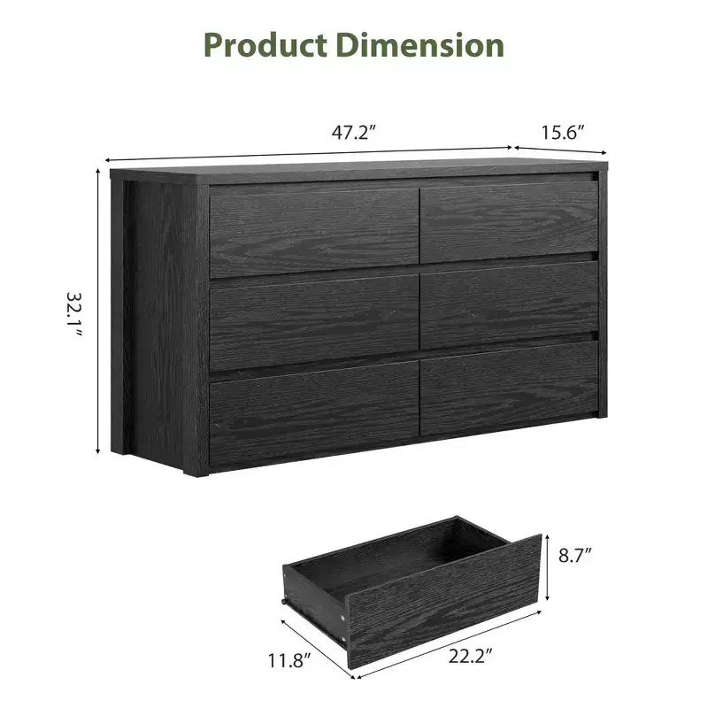 Rustic Farmhouse 6-Drawer Dresser with Handle-Free Design and Anti-Tip Safety