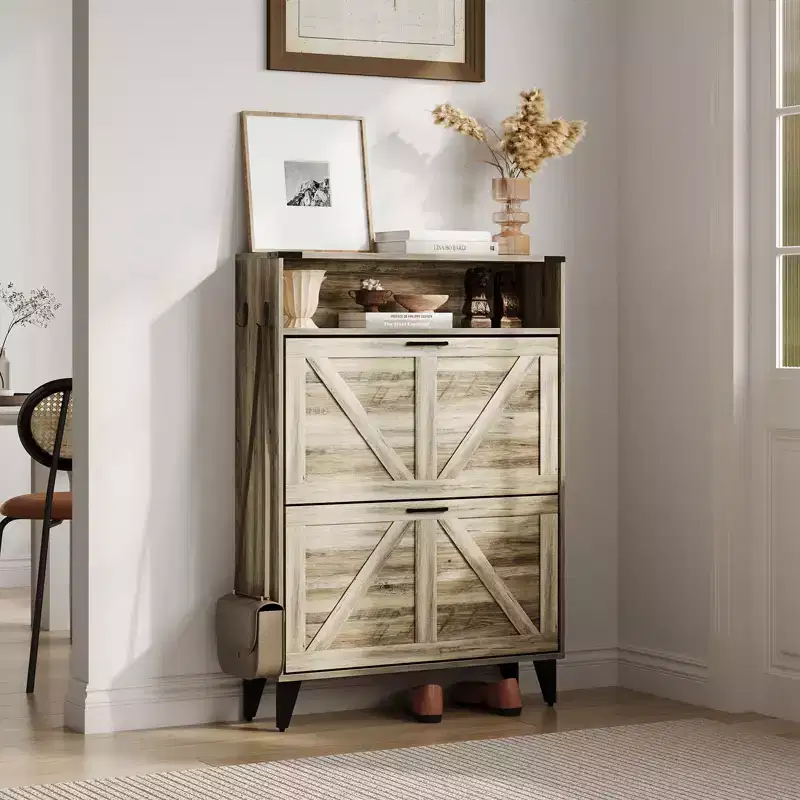 Shoe Cabinet with 2 Flip Drawers, Freestanding Shoe Storage Cabinet with Open Shelves, Hidden Narrow Shoe Rack for Entryway Hallway