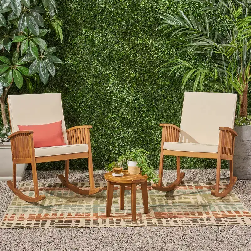 Christopher Knight Home Abbottsford Outdoor Acacia Wood 3 Piece Rocking Chair Chat Set with Cushions, Brown/Cream