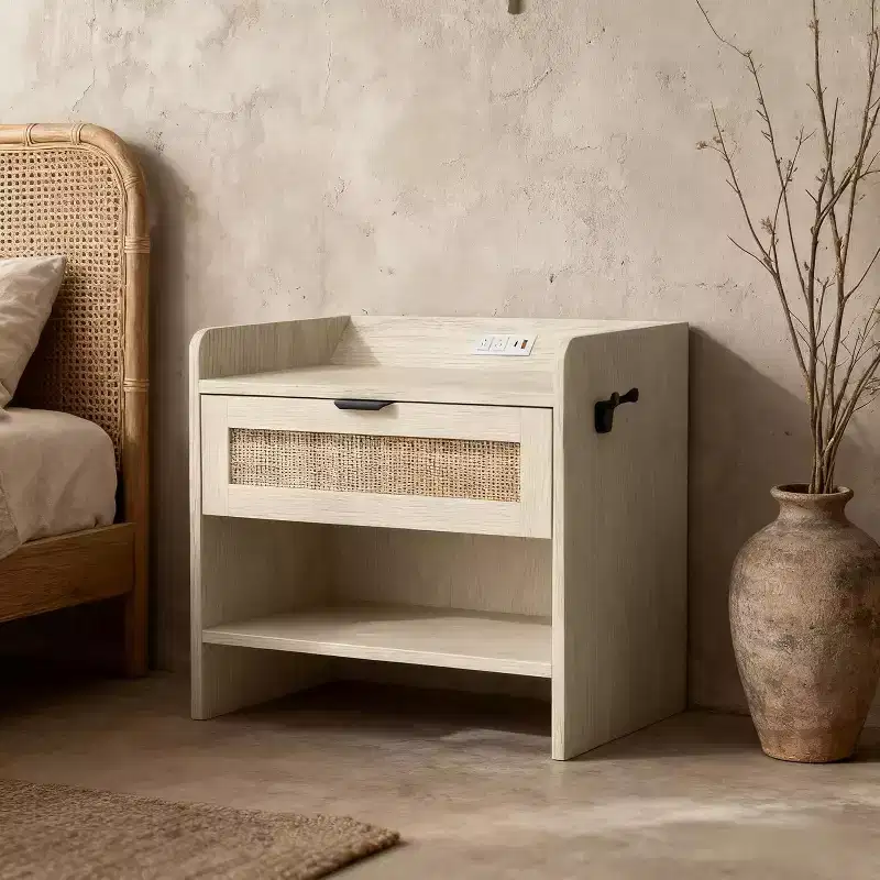Rattan Nightstand with Charging Station, Boho Bedside Table with Type-C USB and Power Outlets for Bedroom and Living Room