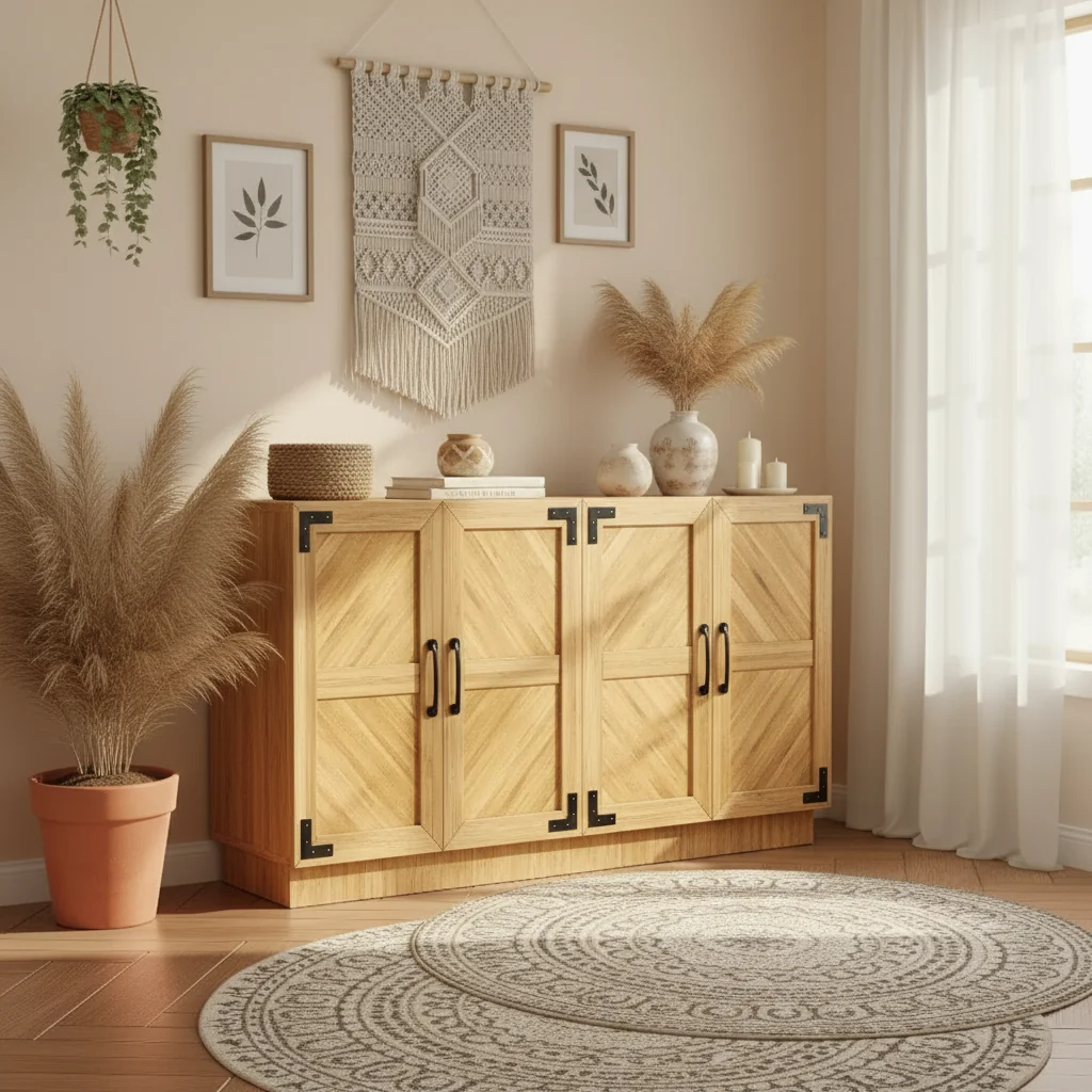 31.5 Farmhouse Storage Cabinet - Coffee Bar Console with Adjustable Shelf & Doors for Kitchen, Living Room in Black Brown