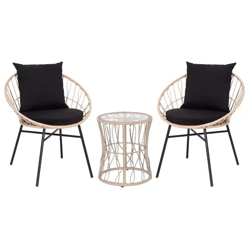 Merrick Lane 3 Piece Patio Set with Rope Rattan Chairs, Matching Glass Top Side Table and Cushions for Indoor/Outdoor Use
