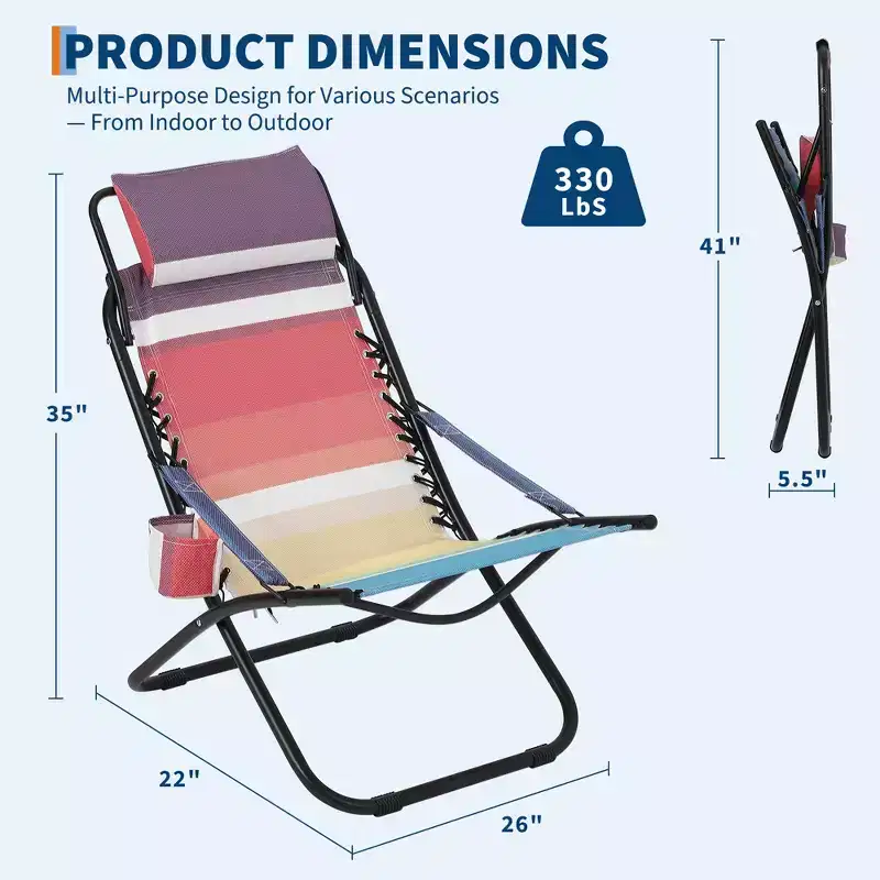 Portable Beach Chair for Adults, Outdoor Camping Chair Folding Beach Reclining Chair with Headrest, Heavy Rainbow Striped