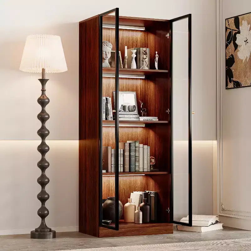 23.6'' Brown Glass Display China Cabinet Liquor Curio Storage Hutch, Mid Century Modern Wooden 4-Tier Dining Shelf with Led for Living Room