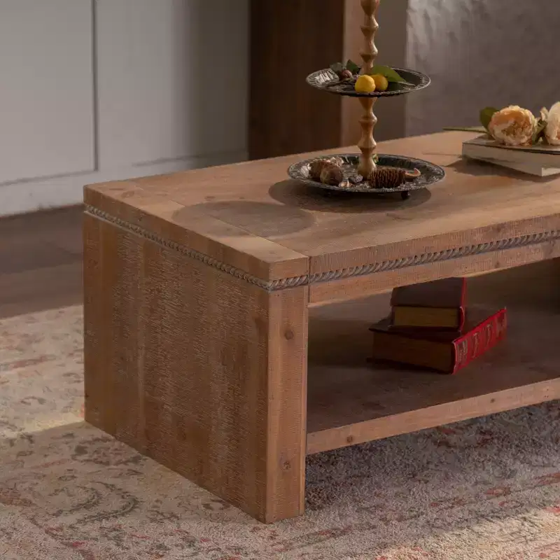 Rustic Rectangle Coffee Table with Storage Shelf, Solid Wood 2-Tier Large Center Table Accent Table, Natural - ModernLuxe