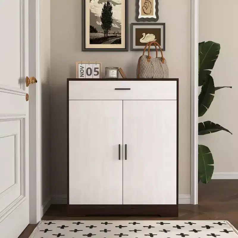 Shoe Cabinet, 4-Tier Rack with 1 Drawer, Freestanding Wooden Storage with 2 Doors & Adjustable Shelves for Entryway/Hallway