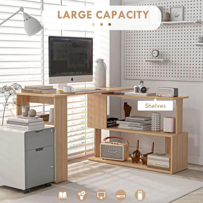 L Shaped Corner Desk, 360 Degree Rotating Home Office Desk with Storage Shelve