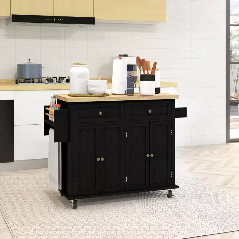 Kitchen Island on Wheels, Rolling Cart with Rubber Wood Top, Spice Rack, Towel Rack & Drawers for Dining Room