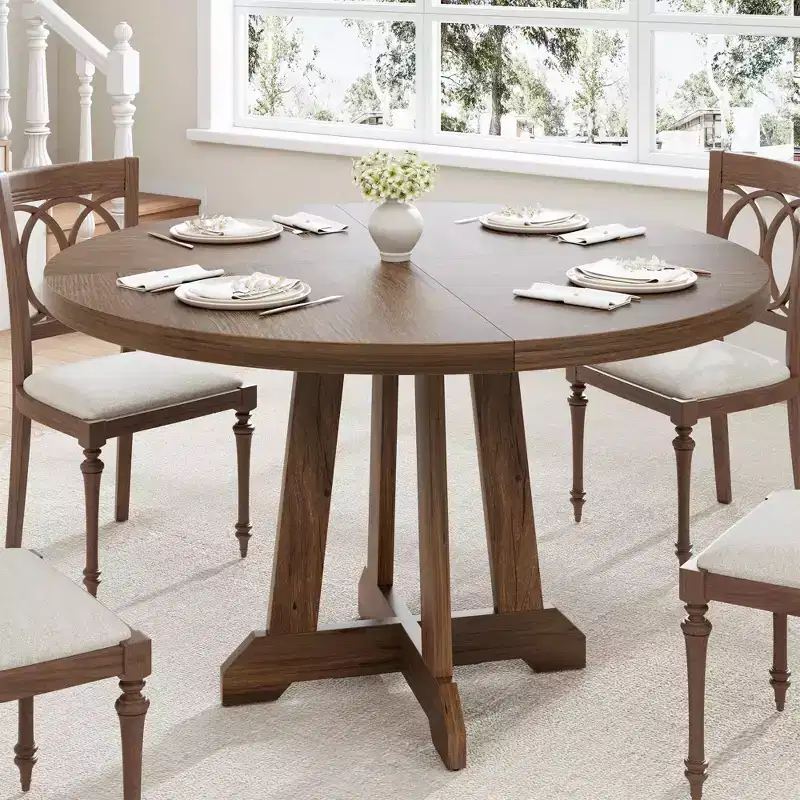 Round Dining Table for 4, 47 Inch Wooden Kitchen Table with Sturty Legs, Dining Room Table, Circle Table, Brown Dinner Table