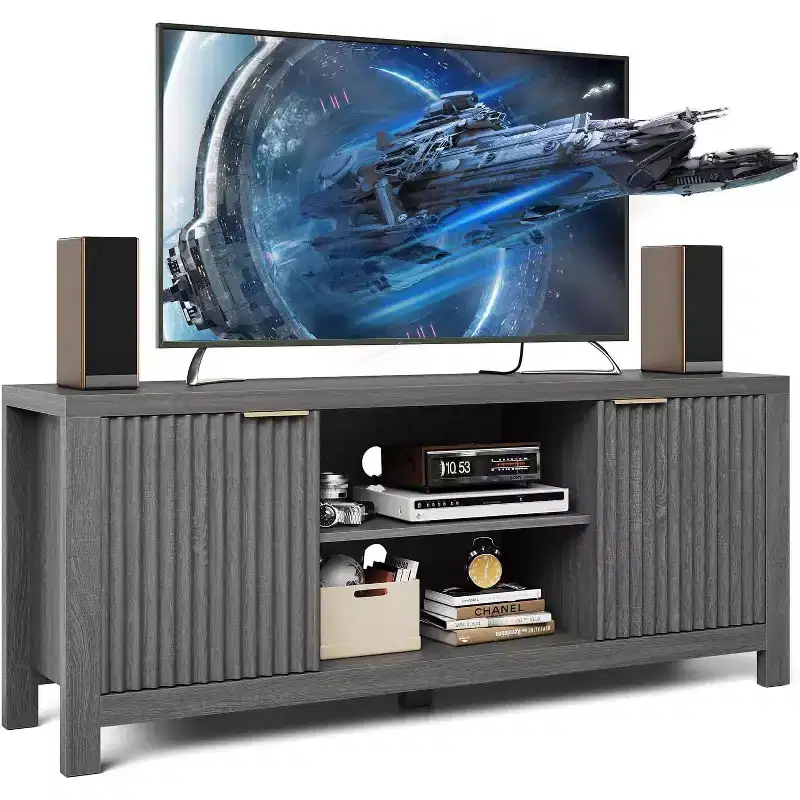 Mid Century Modern TV Stand with Fluted Design and Storage Cabinets, Entertainment Center with Open Shelves for Living Room