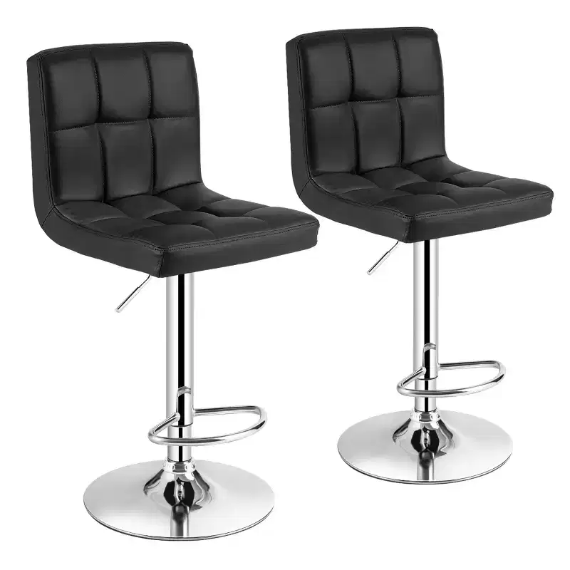 Set of 2 Adjustable Bar Stools with PU Leather Seat and Low Back, Black