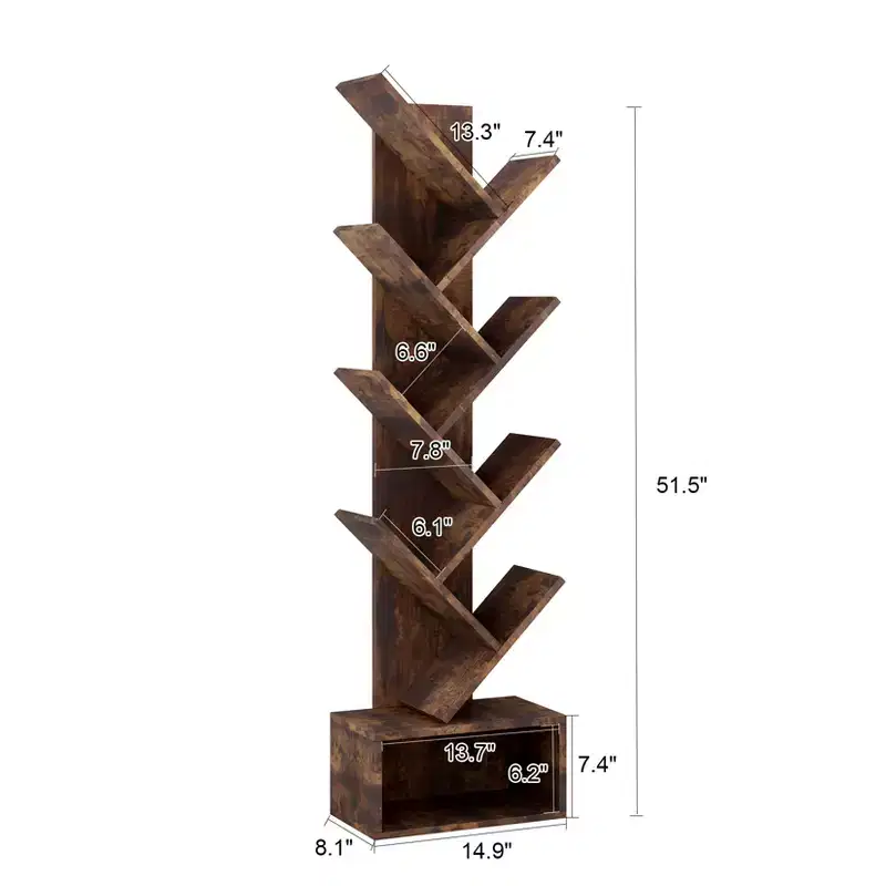 8 Tier Tree Book Shelf with Storage,Floor Standing Wood Bookshelf for Narrow Space, Storage Organizer Bookshelves for Books/CDs/Magazine