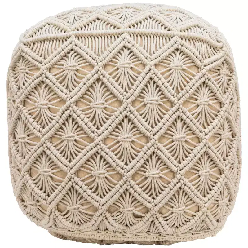 Northlight 18 Beige Handmade Macram Natural Cotton Square Pouf Ottoman