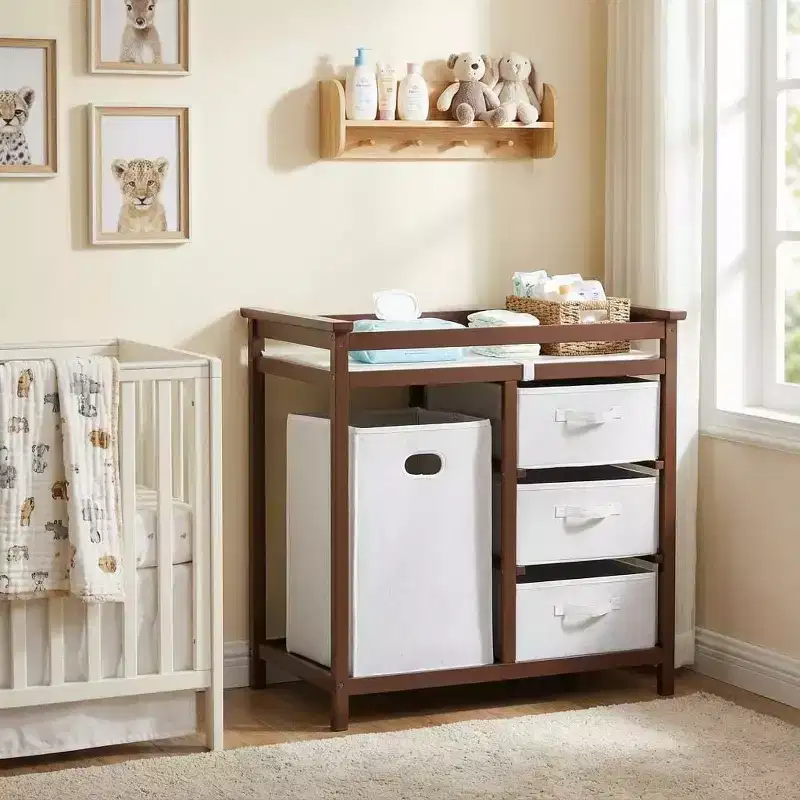Wooden Baby Changing Table, Modern Diaper Changing Table, Infant Diaper Station Dresser with Laundry Hamper, 3 Drawer Basket
