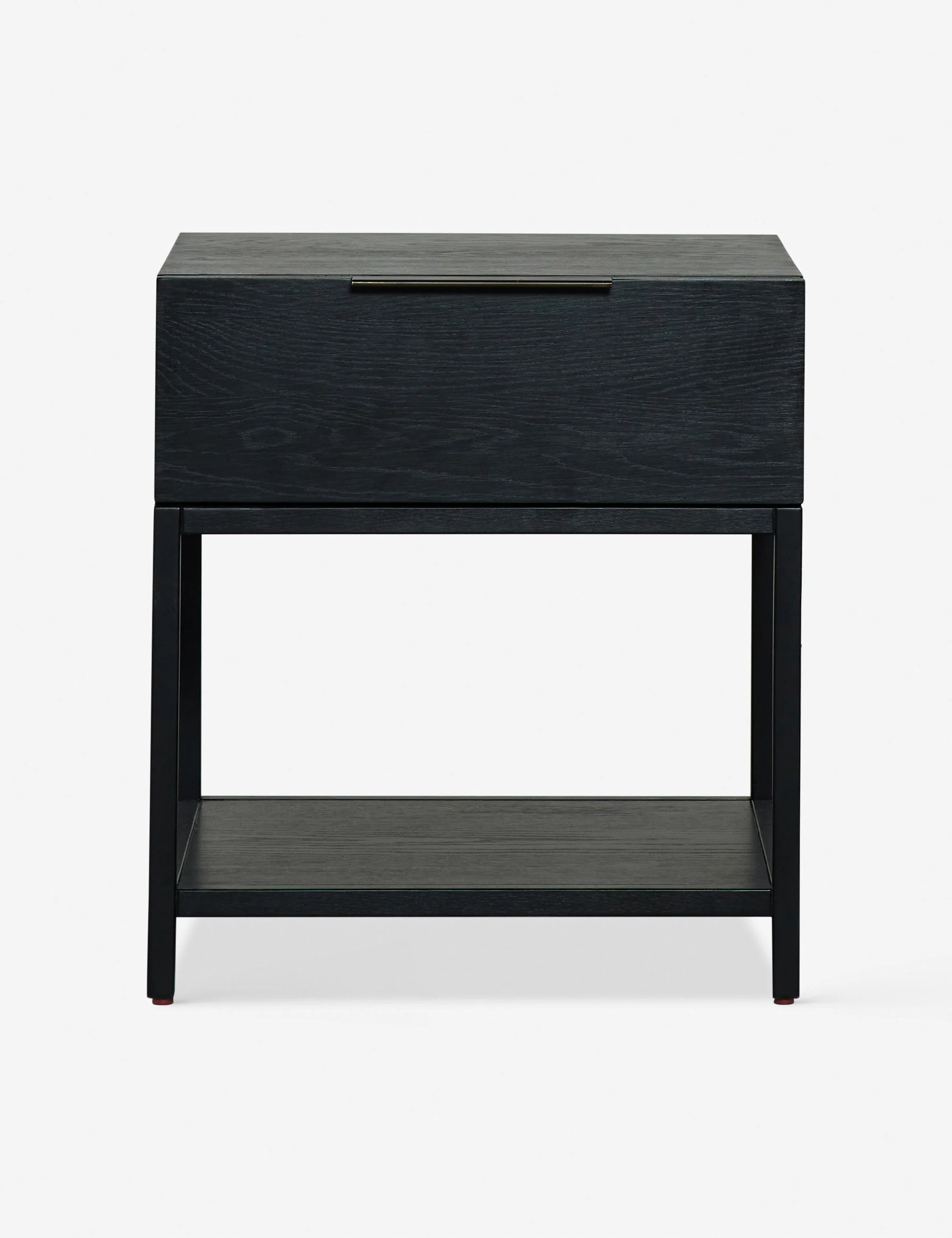 Nightstand An airy, open frame supports a spacious drawer fitted with a sk iron pull in this thoroughly refined bedside table. A solid oak grain
