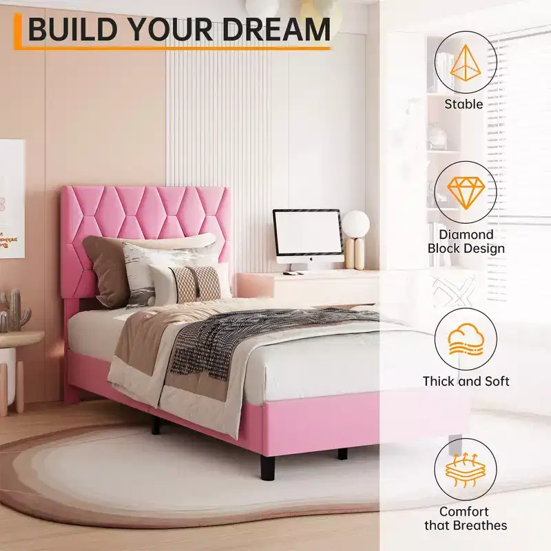Bed Frame with Upholstered Headboard ,No Box Spring Needed, Noise Free, Easy Assembly, Pink