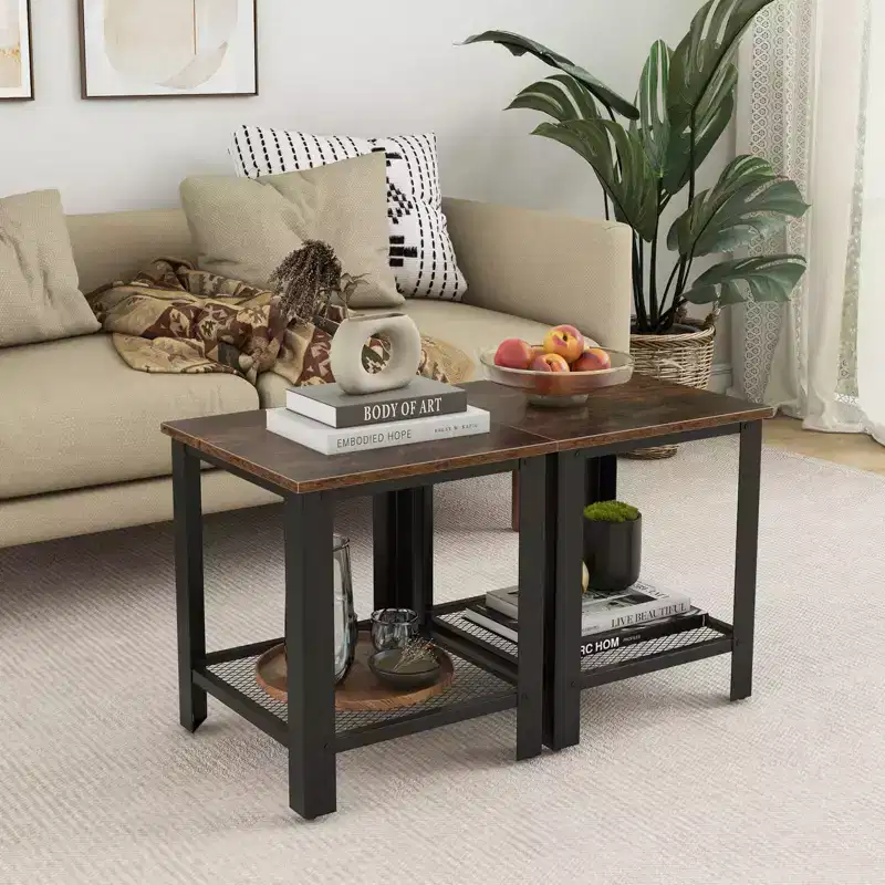 2 PCS Industrial End Table 2-Tier Side Table with Storage Shelf - Black