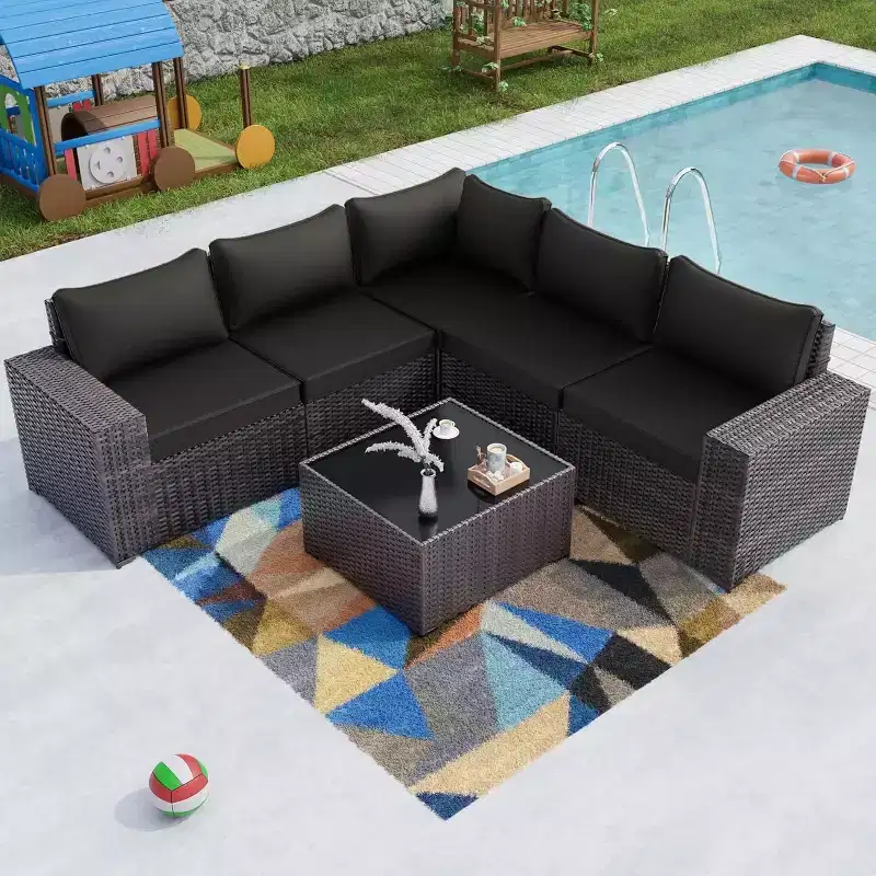 ALAULM 6PCS Outdoor Patio Furniture Set PE Wicker Rattan Sectional Sofa Patio Conversation Sets