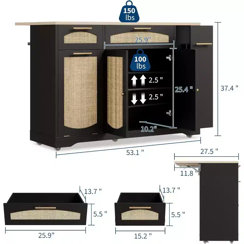 53 Kitchen Island with Drop Leaf, Kitchen Rolling Island with Tilt Out Trash Can, Storage Cabinet, Spice Rack, 2 Drawer, Mobile Island TableKitchen