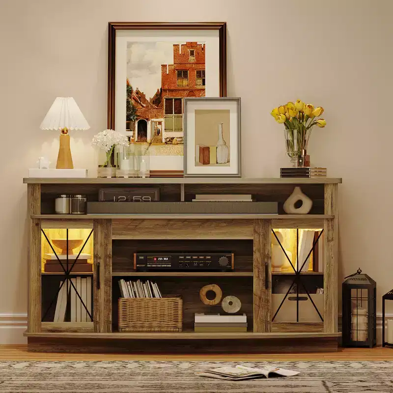 TV stand suitable for 65-inch TVs, featuring LED lighting, spacious storage cabinets, adjustable shelves, and easy installation.