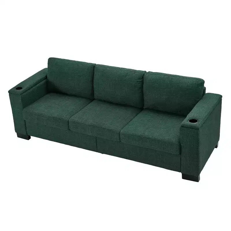 MAYEERTY 93.7 Modern Style Living Room Sofa Fabric Couch Square Arm Sofa with Cup Holder Upholstered Polyester Green