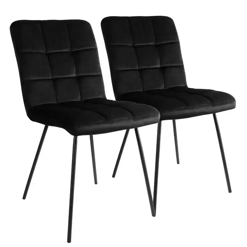 2 Piece Velvet Tufted Chairs in Black with Black Metal Legs