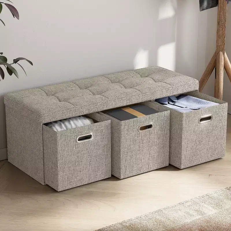 Ornavo Home Collapsible 40 Inch Large Storage Bench Ottoman with Drawers, Perfect for Living Room, Bedroom and Entryway