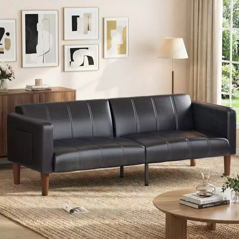 75 Futon Sofa Bed  Modern Faux Leather, Mid-Century Design for Small Spaces, Living Room & Bedroom