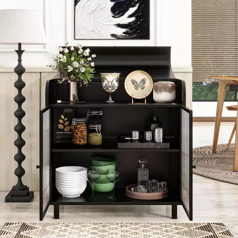 Modern Sideboard Buffet Cabinet with Tempered Glass Doors, Flip Top & Metal Frame