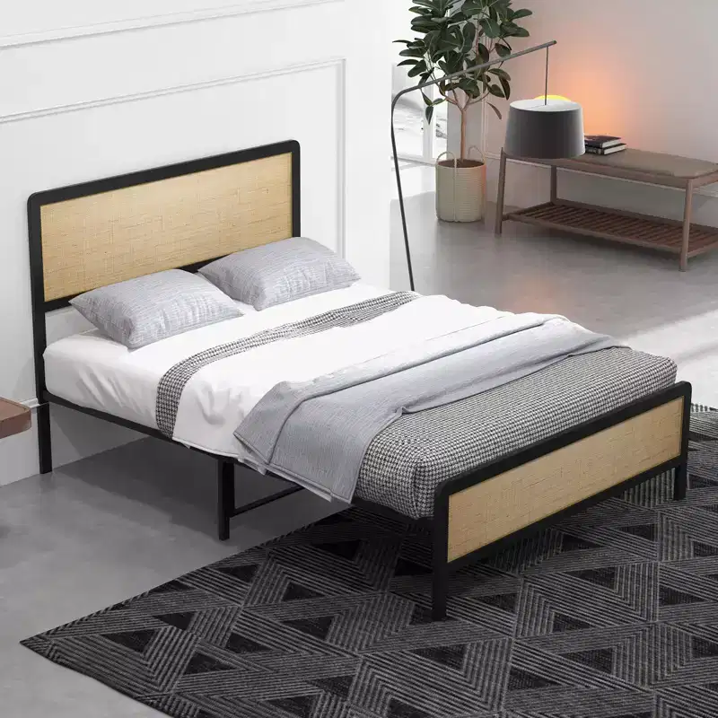 oho Style Bed Frame with Rattan Headboard, Platform Bed Frame with Strong Metal Slat Support,No Box Spring Needed,Black & Oak