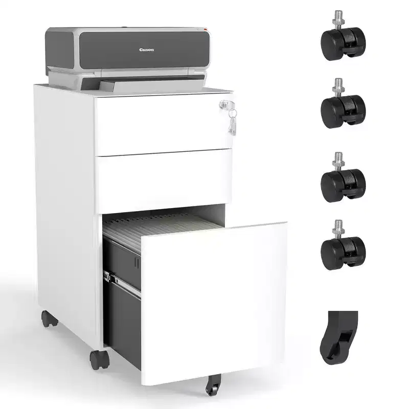 VIYET 3-Drawer Mobile File Cabinet with Lock - All-Steel Anti-Tip Design, Shallow + Deep Drawer, White for Office/Home (Fits A4/Letter)