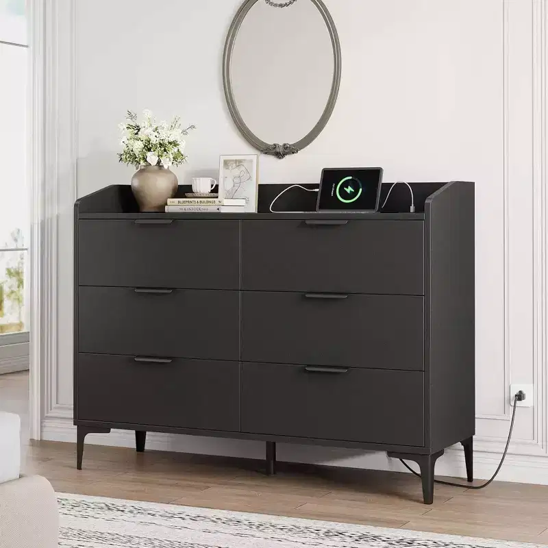 Modern 6-Drawer Dresser with Power Outlets, Closet Storage Chest, Tall Vertical Organizer with Adjustable Feet for Bedroom, Living Room, Entryway