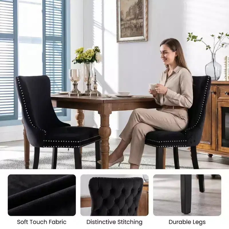 FurnitureR Set of 2 Velvet Tufted Dining Chairs with Nailhead Trim, Upholstered Kitchen Chairs, Modern Accent Dining Room Side Chairs