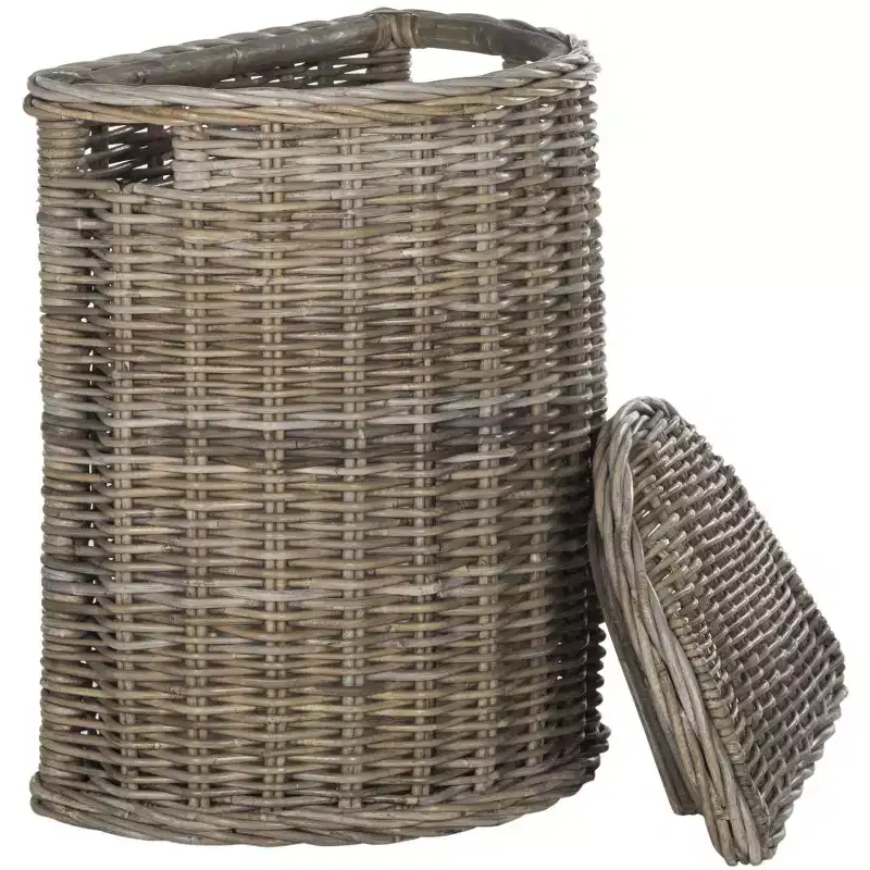 Grey Rattan Laundry Hamper with Lid – Half-Moon, Single Compartment