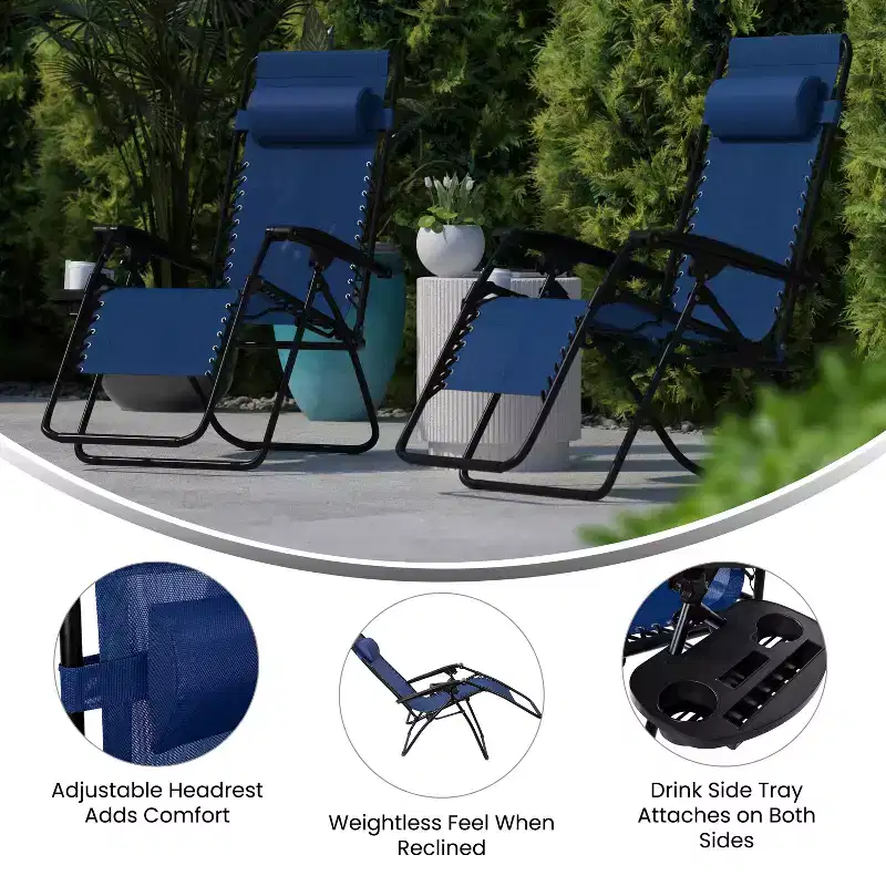 Merrick Lane Set of 2 Folding Mesh Upholstered Zero Gravity Chair with Removable Pillow and Cupholder Tray