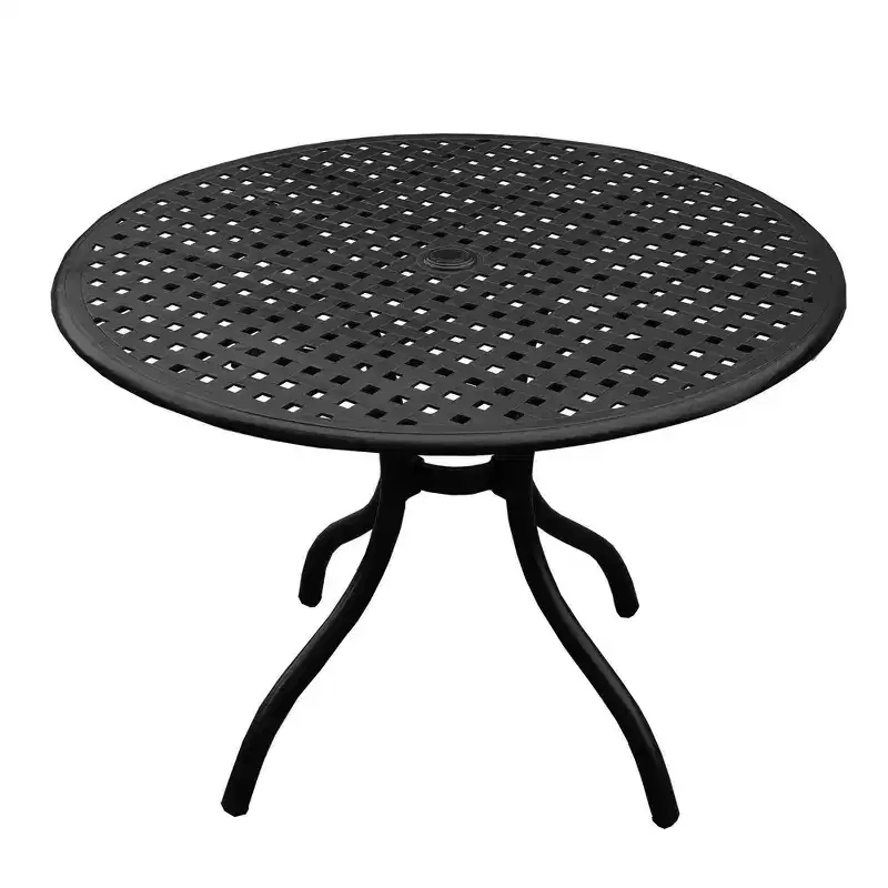 5pc Outdoor Dining Set with 42" Modern Ornate Outdoor Mesh Aluminum Round Patio Dining Table & Checker Chairs - Black - Oakland Living